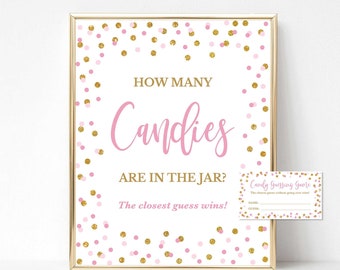 Pink Candy Guessing Game Sign & Tickets, Pink and Gold Glitter Confetti Guess How Many Candies, INSTANT DOWNLOAD