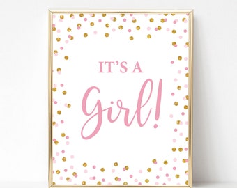 It's a Girl Baby Shower Sign, Pink & Gold Glitter Confetti Shower Sign, Baby Girl Shower Sign, 2 Sizes, INSTANT DOWNLOAD