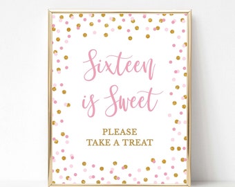 Sixteen is Sweet Please Take a Treat Birthday Party Sign, Sweet 16 Sign, Pink & Gold Glitter Confetti, 2 Sizes, INSTANT DOWNLOAD