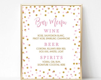 Pink & Gold Bar Menu Sign Template, Pink and Gold Glitter Confetti Editable Bar Sign, 2 Sizes, Corjl