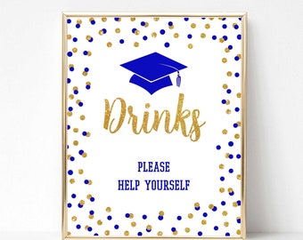 Drinks Please Help Yourself Graduation Party Sign, Royal Blue & Gold Glitter Confetti Drink Sign, 2 Sizes, INSTANT DOWNLOAD