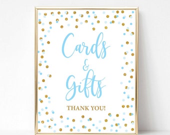 Blue Cards and Gifts Party Sign, Blue & Gold Glitter Confetti Shower Table Sign, 2 Sizes, INSTANT DOWNLOAD, 0002