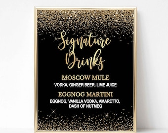 Black & Gold Signature Drinks Sign Template, Editable Black and Gold Glitter Confetti 2 Wedding Sign, 2 Sizes, Corjl, 002