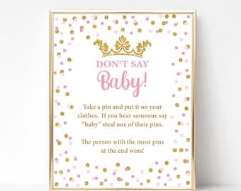 Princess Don't Say Baby Shower Game Sign, Pink & Gold Diaper Pin Game, Necklace Game, INSTANT DOWNLOAD