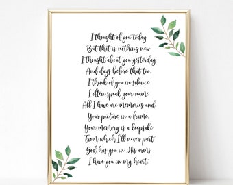 I Thought of You Today Memory Art Print, Wedding Memorial Sign, Printable Remembrance Poem, 3 Sizes, INSTANT DOWNLOAD