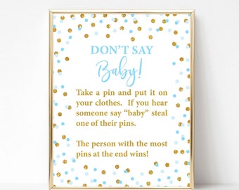 Don't Say Baby Shower Game Sign, Blue & Gold Glitter Confetti Baby Shower Game Diaper Pin Game, Necklace Game, INSTANT DOWNLOAD, 0002