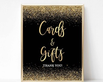 Cards and Gifts Party Sign, Black & Gold Glitter Confetti 2 Table Sign, Wedding, 2 Sizes, INSTANT DOWNLOAD, 002