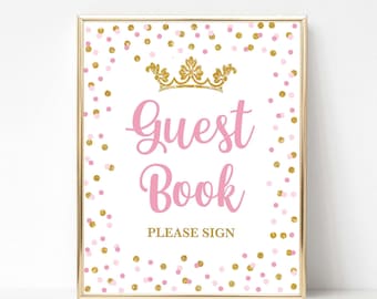 Princess Guest Book Sign, Pink and Gold Baby Shower Table Sign, Princess Birthday, 2 Sizes, INSTANT DOWNLOAD