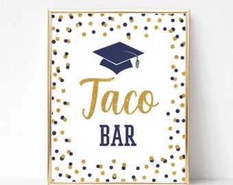 Navy Taco Bar Graduation Party Sign, Navy & Gold Glitter Confetti Grad Party Sign, 2 Sizes, INSTANT DOWNLOAD