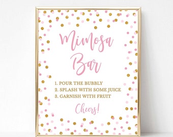 Pink Mimosa Bar Shower Sign, Pink & Gold Glitter Confetti Mimosa Bar Sign, 2 Sizes, INSTANT DOWNLOAD