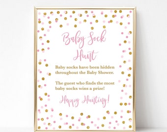 Baby Sock Hunt Baby Shower Game Sign, Pink & Gold Glitter Confetti Shower Game, 2 Sizes, INSTANT DOWNLOAD