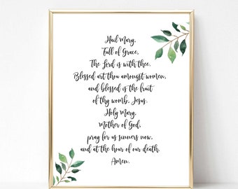 Hail Mary Prayer Art Print Sign, Greenery Calligraphy Sign, Mother of God Prayer, 3 Sizes, INSTANT DOWNLOAD