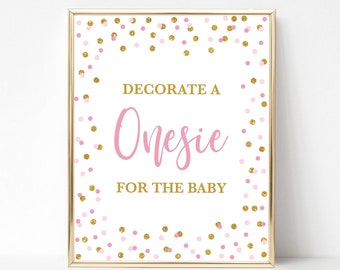 Decorate a Onesie for the Baby Shower Sign, Pink & Gold Glitter Confetti Sign, Baby Girl Shower Sign, 2 Sizes, INSTANT DOWNLOAD