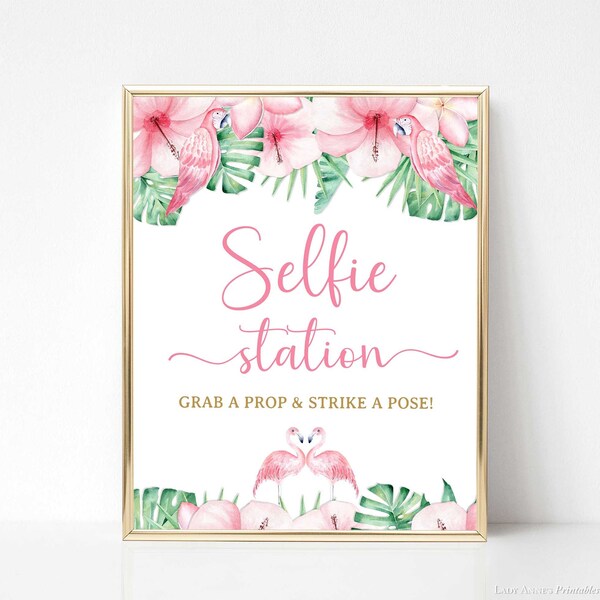 Tropical Selfie Station Party Sign, Grab a Prop & Strike a Pose Shower Sign, Tropical Pink Flamingo Wedding Sign, 2 Sizes, INSTANT DOWNLOAD