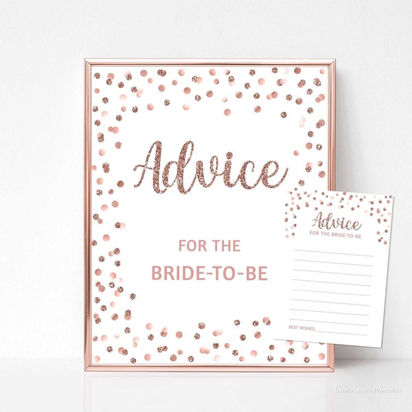 Advice For The Bride to Be Bridal Shower Sign & Cards, Rose Gold Glitter Confetti Shower Activity, INSTANT DOWNLOAD