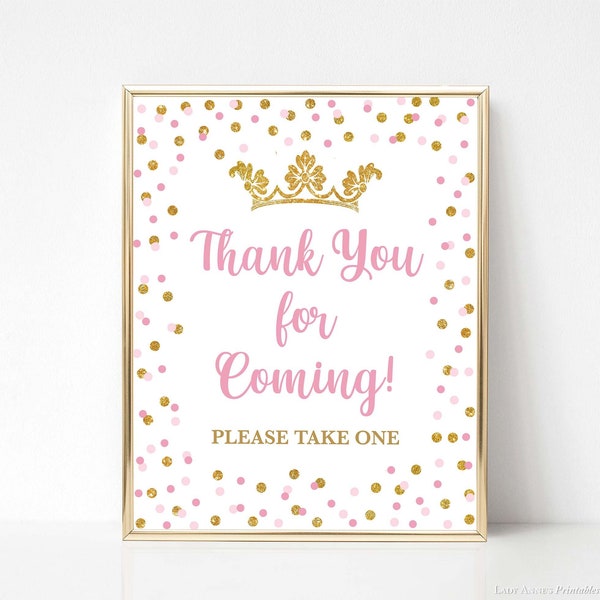 Princess Thank You For Coming Favor Sign, Pink & Gold Glitter Princess Favor Sign, 2 Sizes, INSTANT DOWNLOAD