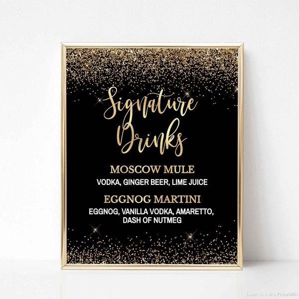 Black & Gold Signature Drinks Sign Template, Editable Black and Gold Glitter Confetti 2 Wedding Sign, 2 Sizes, Corjl, 002