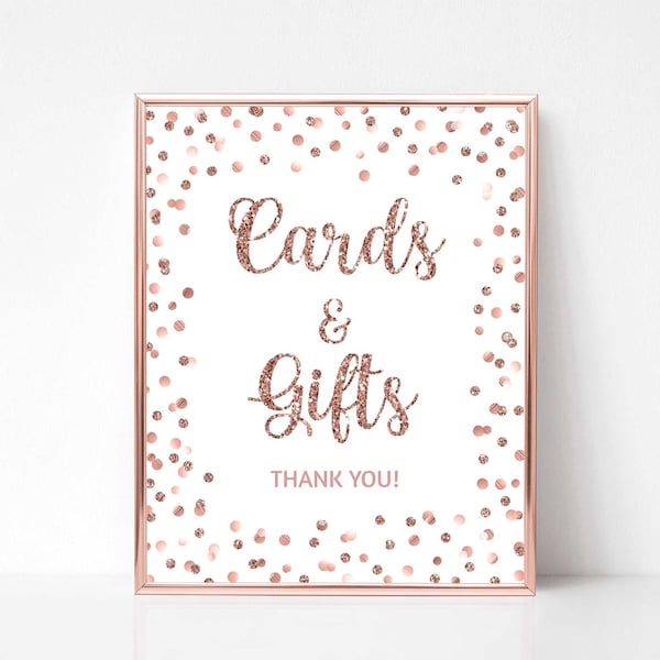Rose Gold Cards and Gifts Party Sign, Rose Gold Glitter Confetti Baby Shower, Bridal Shower Sign, 2 Sizes, INSTANT DOWNLOAD