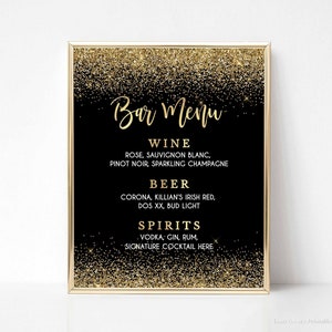 Black & Gold Bar Menu Sign Template, Black and Gold Glitter Confetti 2 Editable Table Sign, 2 Sizes, Corjl, 002