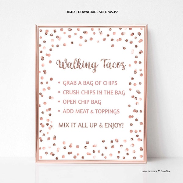 Rose Gold Walking Tacos Party Sign, Rose Gold Glitter Confetti Shower Sign, 2 Sizes, INSTANT DOWNLOAD