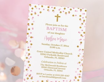 Editable Pink Baptism Invitation Template, Pink & Gold Glitter Confetti Printable Dedication Invite, Corjl