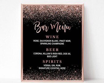 EDITABLE Rose Gold Bar Menu Sign Template, Rose Gold & Black Confetti Sign, 2 Sizes, Corjl, RGB