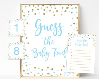 Guess the Baby Food Sign and Game Cards, Blue and Gold Glitter Confetti, INSTANT DOWNLOAD, 0002