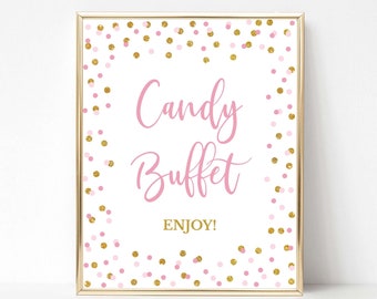 Candy Buffet Party Sign, Pink Birthday Party Sign, Pink & Gold Glitter Confetti, Candy Sign, 2 Sizes, INSTANT DOWNLOAD