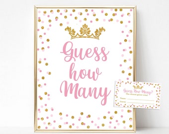 Princess Guess How Many Shower Game Sign & Tickets, Pink and Gold Glitter Confetti, Guess How Many Candies, Jelly Beans, INSTANT DOWNLOAD