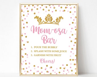 Mom-osa Bar Baby Shower Sign, Princess Pink & Gold Shower Sign, 2 Sizes, INSTANT DOWNLOAD