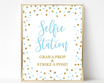 Selfie Station Party Sign, Blue & Gold Glitter Confetti Shower Sign, Birthday, Baby Shower Sign, 2 Sizes, INSTANT DOWNLOAD, 0002