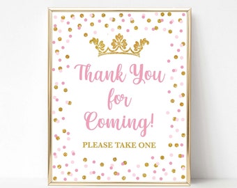 Princess Thank You For Coming Favor Sign, Pink & Gold Glitter Princess Favor Sign, 2 Sizes, INSTANT DOWNLOAD
