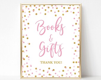 Books and Gifts Printable Baby Shower Sign, Pink & Gold Glitter Confetti Shower Table Sign, 2 Sizes, INSTANT DOWNLOAD