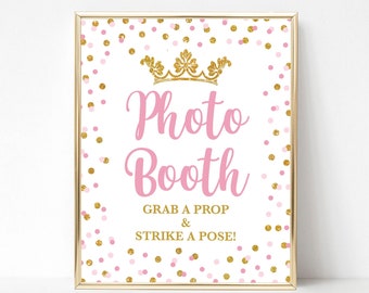 Princess Photo Booth Party Sign, Princess Photo Booth Shower Sign, Pink & Gold Crown, Baby Girl Shower, 2 Sizes, INSTANT DOWNLOAD