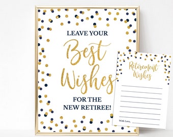 Navy Retirement Party Sign & Cards, Leave Well Wishes for Retiree, Navy and Gold Glitter Confetti, INSTANT DOWNLOAD