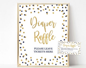 Navy Diaper Raffle Baby Shower Sign & Tickets, Navy and Gold Glitter Confetti Invite Insert, INSTANT DOWNLOAD