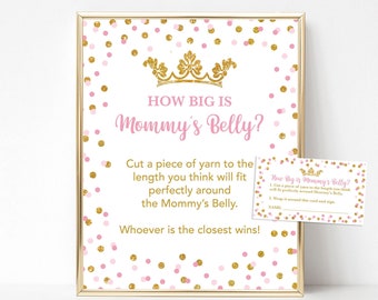 Princess How Big is Mommy's Belly Baby Shower Game Sign and Tickets, Pink & Gold Princess, INSTANT DOWNLOAD