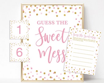 Guess the Sweet Mess Game, Pink & Gold Glitter Confetti Dirty Diaper Baby Shower Game, INSTANT DOWNLOAD