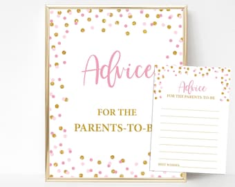 Advice For The Parents to Be Baby Shower Sign & Cards, Pink and Gold Glitter Confetti Baby Shower Activity, INSTANT DOWNLOAD