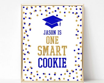 One Smart Cookie Graduation Party Sign Template, Royal Blue & Gold Glitter Confetti Editable Cookie Table Sign, Personalized, 2 Sizes, Corjl