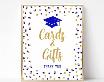 Cards and Gifts Graduation Party Sign, Royal Blue & Gold Glitter Confetti Gift Table Sign, 2 Sizes, INSTANT DOWNLOAD