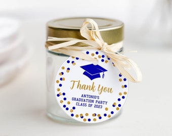 EDITABLE Royal Blue Graduation Favor Tags Template, Royal Blue and Gold Glitter Confetti 2 inch Round, Corjl