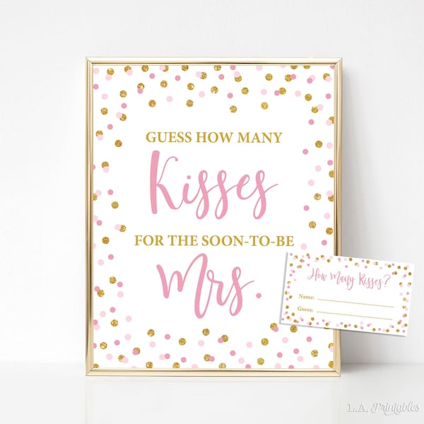 Guess How Many Kisses Bridal Shower Printable Game, Pink & Gold Glitter Confetti Shower, Guess How Many Kisses, INSTANT DOWNLOAD