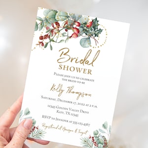 Winter Bridal Shower Invitation Template, Winter Christmas Berries Editable Wedding Shower Invite, Corjl, WCB