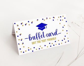 Royal Blue Graduation Food Tent Template, Royal Blue & Gold Glitter Confetti Editable Buffet Labels, Place Cards, TEMPLETT