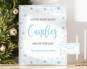 Winter Candy Guessing Game Sign & Tickets, Blue and Silver Glitter Snowflakes, BSS, INSTANT DOWNLOAD