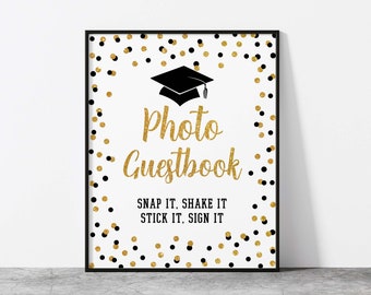 Graduation Photo Guestbook Sign, Black & Gold Glitter Confetti Grad Party Sign, 2 Sizes, INSTANT DOWNLOAD, BLK00