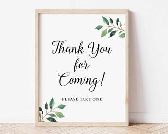 Greenery Thank You For Coming Please Take One Party Sign, Greenery Calligraphy Bridal Shower Sign, 2 Sizes, INSTANT DOWNLOAD