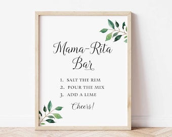 Mama-Rita Bar Baby Shower Sign, Greenery Calligraphy Margarita Bar Sign, 2 Sizes, INSTANT DOWNLOAD