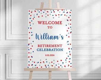 Patriotic Welcome Sign Template, Red, Blue & Silver Glitter Confetti Editable Retirement Party Poster, Templett, 0004